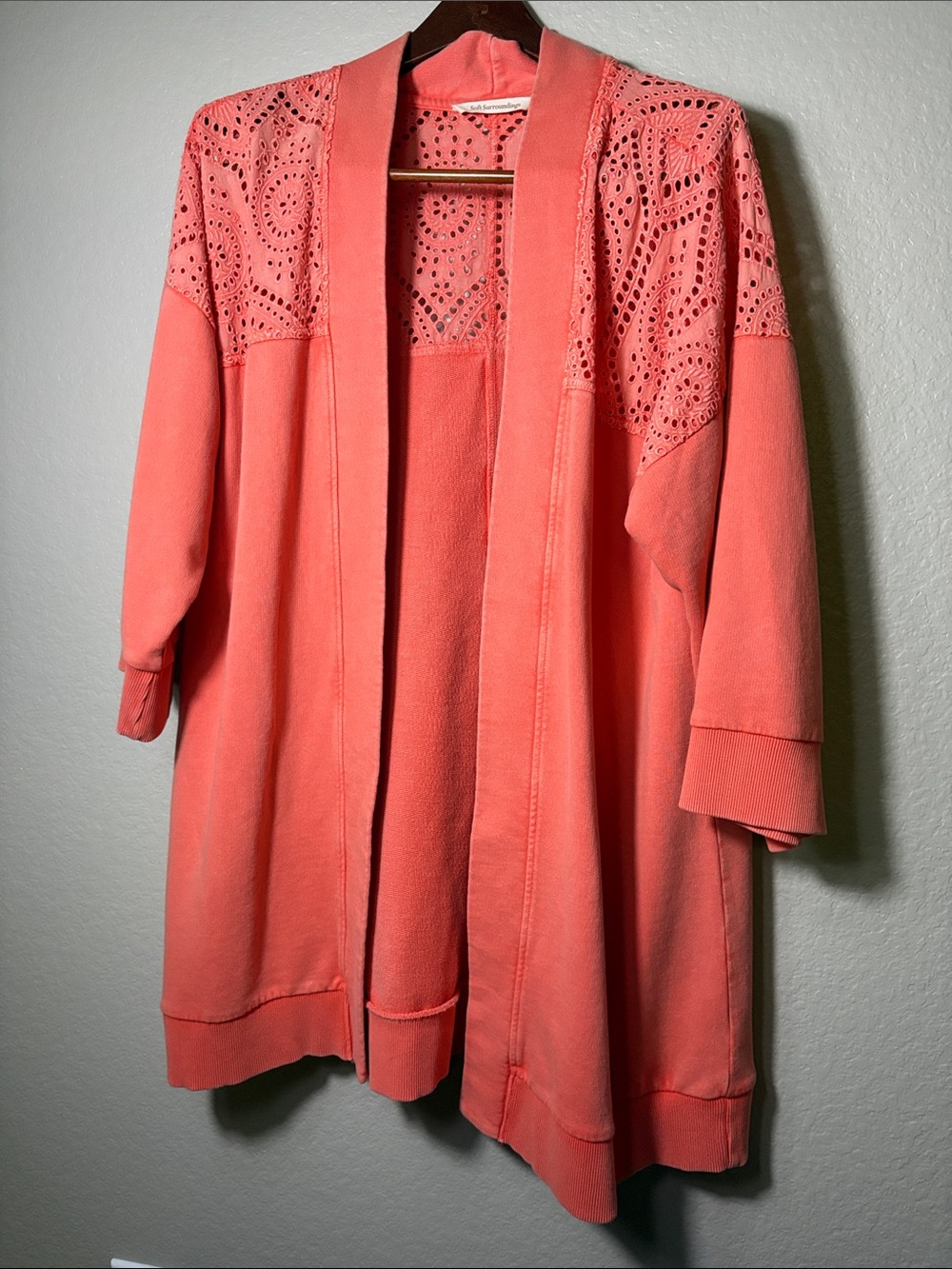 Soft Surroundings Coral Open-Front Lace-Detail Cardigan